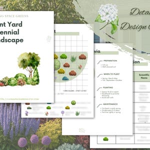 Op de afbeelding: Gedetailleerde ontwerpgids voor een vaste plantenlandschap in de voortuin. De gids bevat aquarel illustraties van planten, een raster voor planning en informatie over voorbereiding, beplanting en onderhoud.