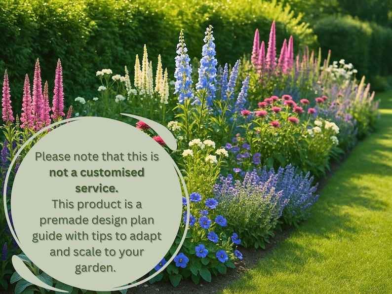 May include: A colourful flower bed featuring pink, blue, white, and purple flowers. The image includes text stating this is not a customised service and is a premade design plan guide with tips to adapt.