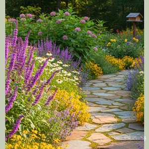 Può includere: Un sentiero di pietra serpeggia attraverso un giardino vibrante pieno di fiori colorati. Fiori viola, gialli e bianchi costeggiano il sentiero, creando una scena pittoresca. Una piccola casetta per uccelli si trova sullo sfondo, aggiungendo un tocco di fascino all'ambiente naturale.