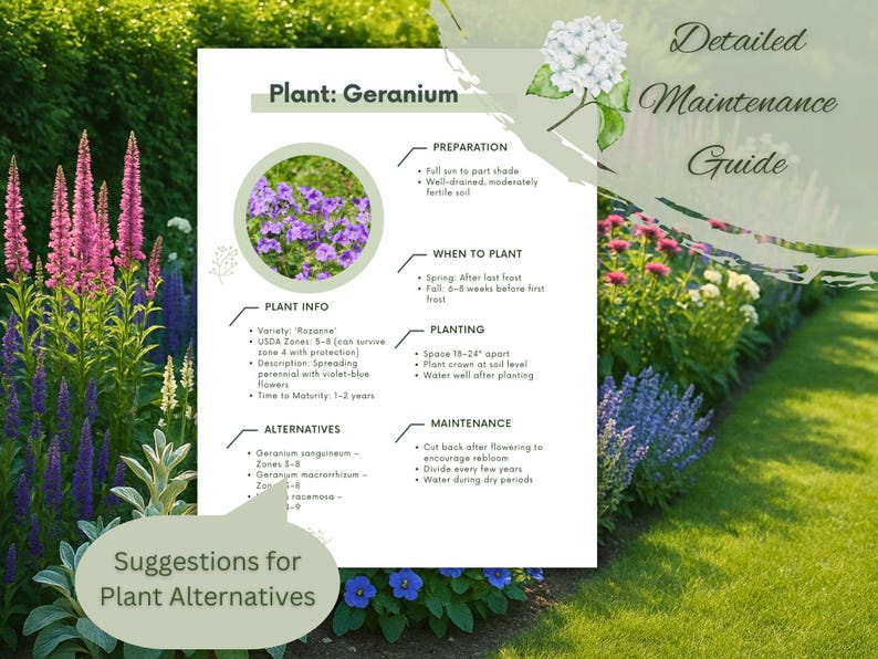 May include: A detailed maintenance guide for Geranium plants. The guide includes information on preparation, planting, and maintenance. The image features a variety of colorful flowers and text on a white background.