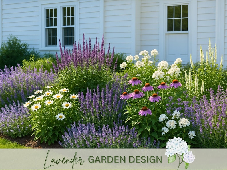 May include: A vibrant garden bed featuring a variety of flowers in full bloom. The scene includes purple lavender, white daisies, and pink coneflowers, set against a white house. The text "Lavender GARDEN DESIGN" is at the bottom.