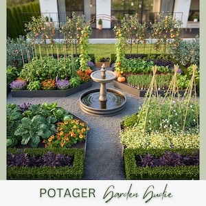 May include: A meticulously designed garden with raised beds, a central fountain, and a gravel pathway. The beds are filled with various plants, including vegetables, flowers, and herbs. The image includes the text "POTAGER Garden Guide".