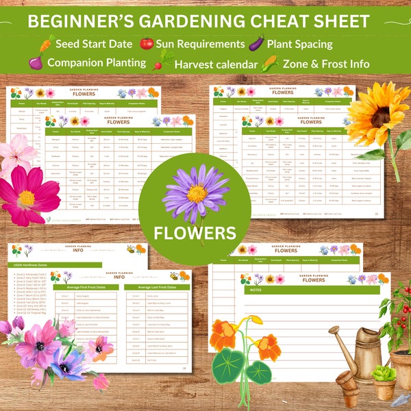 Flower Garden Seed Starting Cheat Sheet | Seed sowing | Beginner's guide | Garden Calendar Planner | Companion planting | Plant Spacing