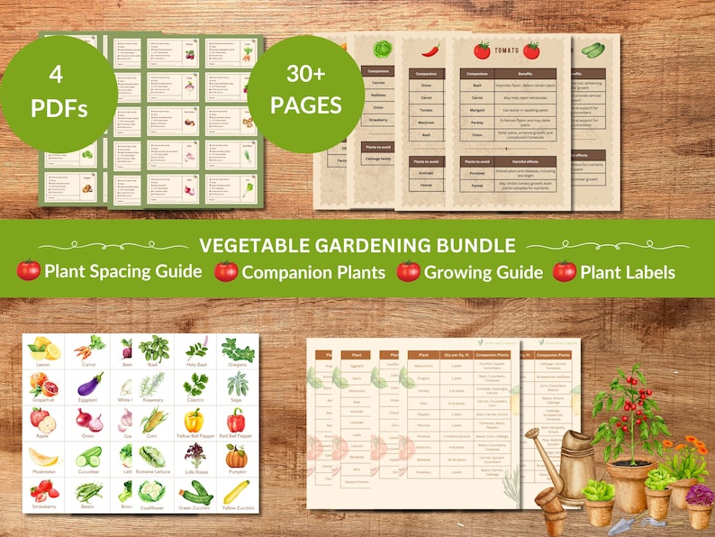 May include: A digital printable bundle for vegetable gardening with four PDFs including a plant spacing guide, companion plants, growing guide, and plant labels. The bundle includes 30+ pages of information.