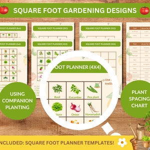 Projetos de jardinagem com pés quadrados, jardinagem orgânica, plantio complementar, jardinagem em canteiros elevados, designs de jardins, modelos de planejador, espaçamento entre plantas