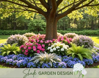 Plano de projeto de jardim sombreado, zonas 6, 7 e 8, projeto paisagístico de plantio sob árvores (download digital)