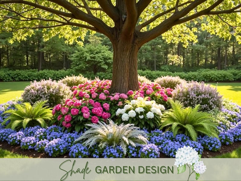 May include: A colourful garden design with a large tree at its centre, encircled by a variety of flowers. Pink, white, and purple flowers are mixed with green foliage and blue blooms. The words "Shade Garden Design" are at the bottom.