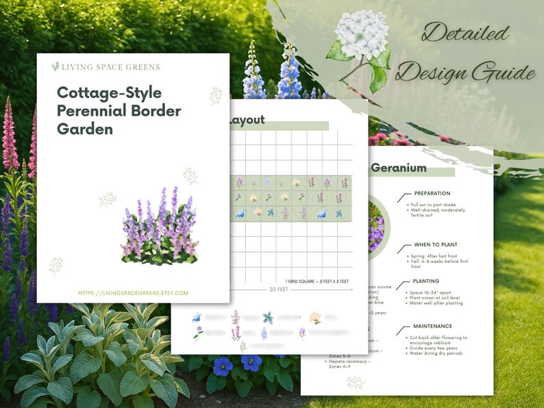 May include: A design guide for a cottage-style perennial border garden, featuring a layout plan and information on geraniums. The guide includes the text 'Detailed Design Guide'. The text includes the Living Space Greens logo and website address.