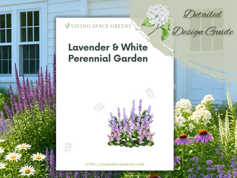 May include: A detailed design guide titled "Lavender & White Perennial Garden" with a watercolor illustration of lavender and other flowers. The guide is set against a backdrop of a white house and a garden filled with various flowers.