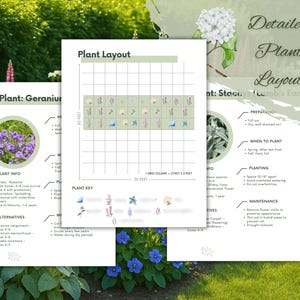 May include: Detailed plant layout guides with plant information, including Geranium and Stachys (Lamb's Ear). The layout shows a grid with plant placement, a plant key, and alternative plant suggestions. The background is a garden setting.