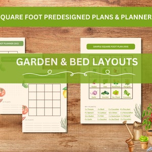 Puede incluir: Un planificador de jard&iacute;n imprimible con un plan de jard&iacute;n cuadrado de muestra. El planificador incluye una cuadr&iacute;cula para trazar las plantas y una lista de plantas con cantidades sugeridas. El plan de muestra incluye una cuadr&iacute;cula con im&aacute;genes de diferentes verduras y hierbas.