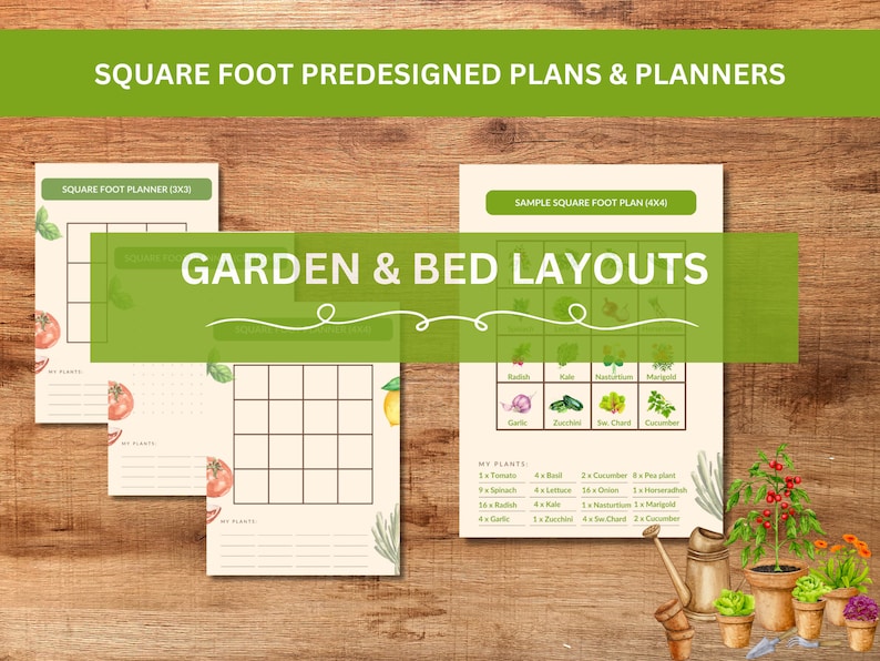 Puede incluir: Un planificador de jard&iacute;n imprimible con un plan de jard&iacute;n cuadrado de muestra. El planificador incluye una cuadr&iacute;cula para trazar las plantas y una lista de plantas con cantidades sugeridas. El plan de muestra incluye una cuadr&iacute;cula con im&aacute;genes de diferentes verduras y hierbas.