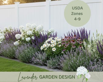 Full Sun Cottage Garden Design Plan: Lavender, Purple & White Landscape Design (Digital Download, Zones 4-9)
