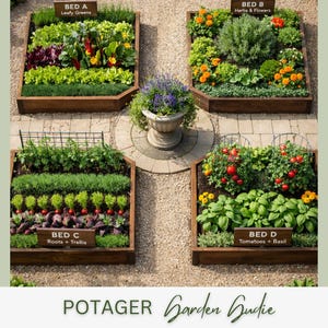 May include: Overhead view of a garden with four raised wooden beds. Each bed is labeled with the type of plants: leafy greens, herbs and flowers, roots and trellis, and tomatoes and basil. A stone planter with purple flowers is in the center.