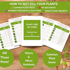 May include: A green and white printable guide titled "How to Not Kill Your Plants" with sections for common plant pests, DIY solutions, nutrient deficiencies and solutions, and boost plant growth. The guide includes a list of common garden pests and their solutions.