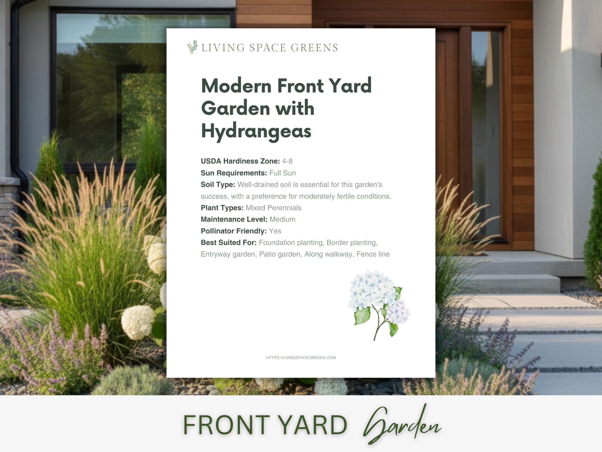 Modern Front Yard Landscape Design Plan | Hydrangea Full Sun Garden ...