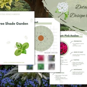 May include: A design guide titled "Tree Shade Garden" with a white background and green and brown accents. The guide includes information on planting Pink Azaleas, with diagrams and text. The image also features a floral design.
