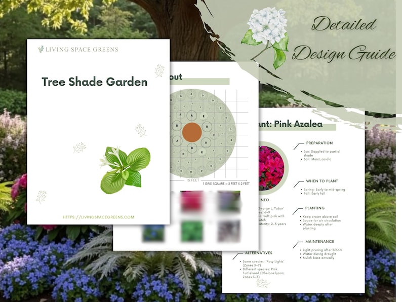 May include: A design guide titled "Tree Shade Garden" with a white background and green and brown accents. The guide includes information on planting Pink Azaleas, with diagrams and text. The image also features a floral design.
