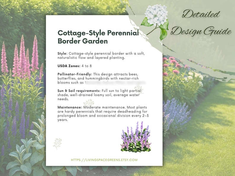 May include: A detailed design guide for a Cottage-Style Perennial Border Garden. The guide provides information on style, USDA zones, pollinator-friendly plants, sun and soil requirements, and maintenance. The image features a floral design with text and illustrations.