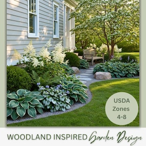 May include: A woodland-inspired garden design with a stone pathway, wooden bench, and diverse plants. The garden features green and white foliage, and a circular graphic with the text "USDA Zones 4-8".