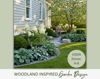 May include: A woodland-inspired garden design featuring lush greenery, stone pathways, and a wooden bench. The garden includes various plants with green and white foliage, and a circular graphic with the text "USDA Zones 4-8".