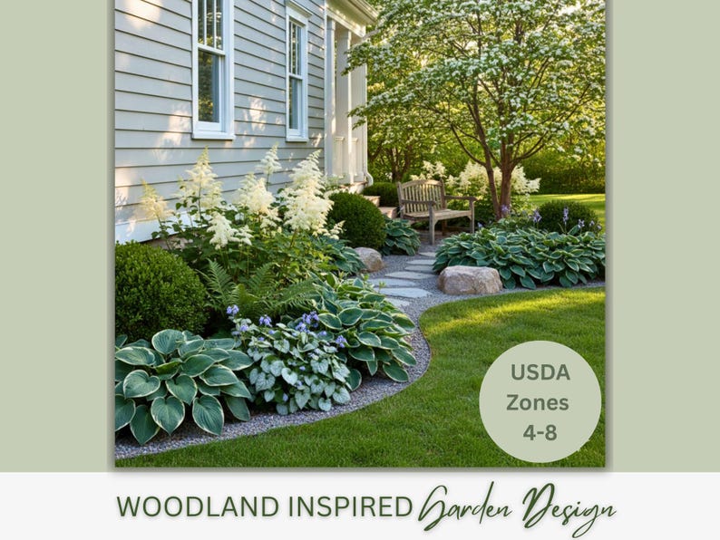 May include: A woodland-inspired garden design featuring lush greenery, stone pathways, and a wooden bench. The garden includes various plants with green and white foliage, and a circular graphic with the text "USDA Zones 4-8".