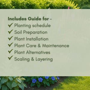 May include: A light green sign with the text "Includes Guide for -" and a list of gardening topics, such as planting schedule, soil preparation, and plant care. The sign is set against a backdrop of greenery and flowers.