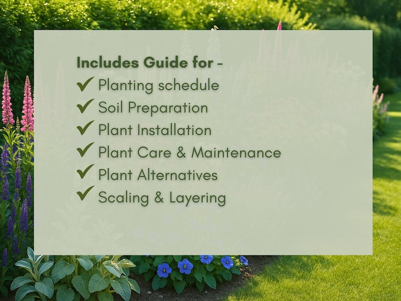 May include: A light green sign with the text "Includes Guide for -" and a list of gardening topics, such as planting schedule, soil preparation, and plant care. The sign is set against a backdrop of greenery and flowers.