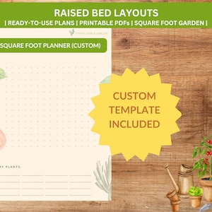 Pu&ograve; includere: Pianificatore da giardino a piedi quadrati stampabile con una griglia per pianificare il layout del tuo giardino. Il pianificatore ha uno sfondo beige chiaro con illustrazioni verdi e marroni di piante e una stella gialla con il testo "MODELLO PERSONALIZZATO INCLUSO".
