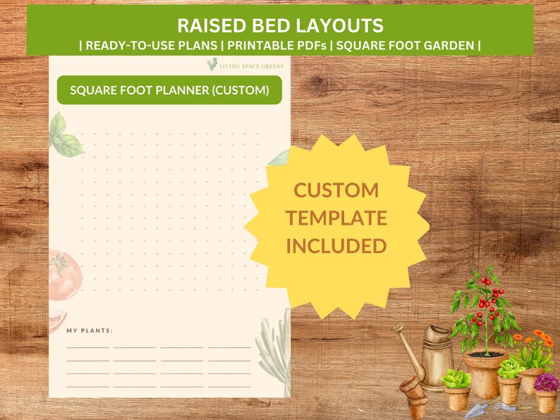 Pu&ograve; includere: Pianificatore da giardino a piedi quadrati stampabile con una griglia per pianificare il layout del tuo giardino. Il pianificatore ha uno sfondo beige chiaro con illustrazioni verdi e marroni di piante e una stella gialla con il testo "MODELLO PERSONALIZZATO INCLUSO".