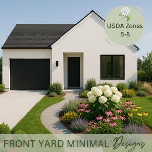 Premade front yard landscape design perennial pollinator garden design cottage garden curb appeal hydrangea garden zone 5 6 7 8 landscape