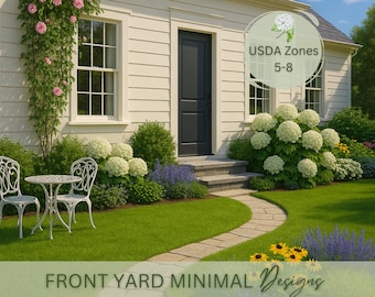 May include: A white house with a black door and a stone path leading to the front door. The garden is landscaped with green grass, shrubs, and flowers. A small table and two chairs are placed on the lawn. A sign in the top right corner reads "USDA Zones 5-8".