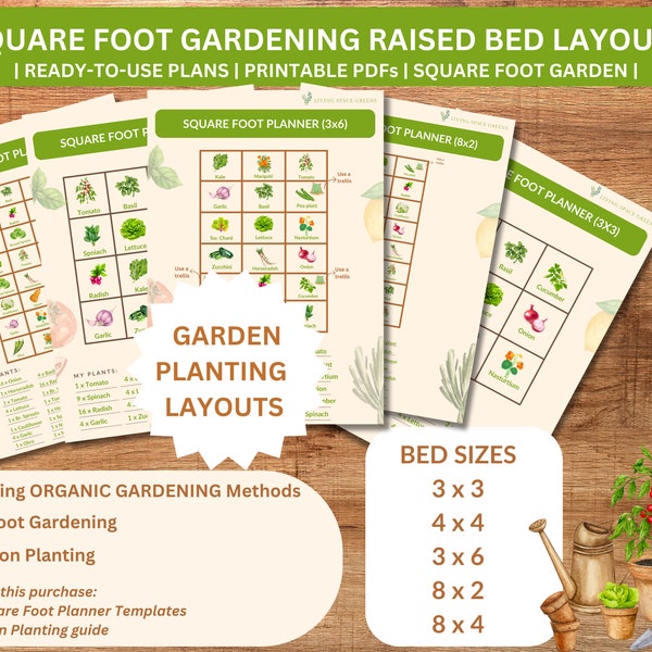 Printable raised bed plans, Garden layout plans, planner template, Square foot raised bed gardening guide, Companion planting, Plant spacing