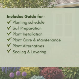 Op de afbeelding: Een lichtgroen rechthoekig bord met de tekst "Includes Guide for -" gevolgd door een lijst met onderwerpen: Plantenschema, Grondvoorbereiding, Plantinstallatie, Plantverzorging & Onderhoud, Plantalternatieven en Schalen & Gelaagdheid.