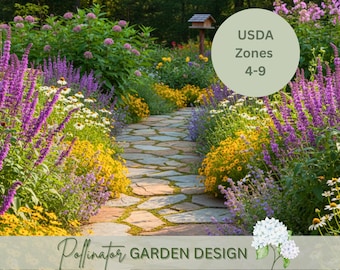 May include: A stone path winds through a garden filled with purple, yellow, and white flowers. The image shows a birdhouse and the text "USDA Zones 4-9" and "Pollinator Garden Design". The garden is a riot of colour.