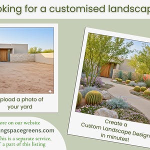 May include: An advertisement for custom landscape design services. The image features two photos: one of a yard and another of a completed landscape design. Text includes "Looking for a customized landscape?" and website information.