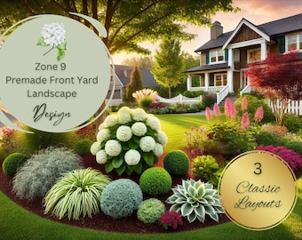 Zone 9 Hydrangea Front Yard Landscape Design: Partial Shade Garden Plan (Digital Download)