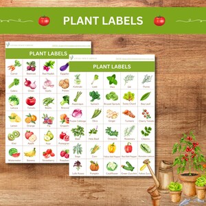May include: Two printable sheets of plant labels with watercolor illustrations of various fruits, vegetables, and herbs. Each label has the name of the plant printed below the image.