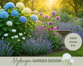 Hydrangea Landscape Design Plan: Front Yard Garden Design Curb Appeal (Zones 4-8) (PDF Download)
