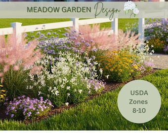 May include: A vibrant garden bed featuring a variety of flowering plants in shades of pink, white, yellow, and purple. The garden is bordered by a white fence and lush green grass. Text reads "Meadow Garden Design" and "USDA Zones 8-10".