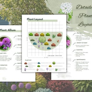 Op de afbeelding: Gedetailleerde plantenlay-outgids met een raster, plantensleutel en plantinformatie. De gids bevat een plantenlay-outdiagram en informatie over het voorbereiden, planten en onderhouden van de planten. Er is ook een close-up van een paarse Allium-bloem.