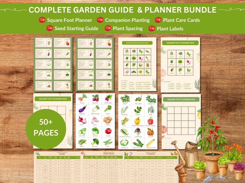 Puede incluir: Un conjunto completo de gu&iacute;a y planificador de jard&iacute;n con m&aacute;s de 50 p&aacute;ginas. El conjunto incluye un planificador de pies cuadrados, una gu&iacute;a de inicio de semillas, una gu&iacute;a de plantaci&oacute;n complementaria, una gu&iacute;a de espaciado de plantas, tarjetas de cuidado de plantas y etiquetas de plantas. Las p&aacute;ginas est&aacute;n ilustradas con dibujos de acuarela de diversas plantas y verduras.