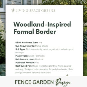 May include: A graphic for a woodland-inspired formal border design. The text includes "Living Space Greens", "Woodland-Inspired Formal Border", and details on USDA hardiness, sun requirements, soil type, plant types, maintenance level, and pollinator friendliness. The bottom text reads "Fence Garden Design".