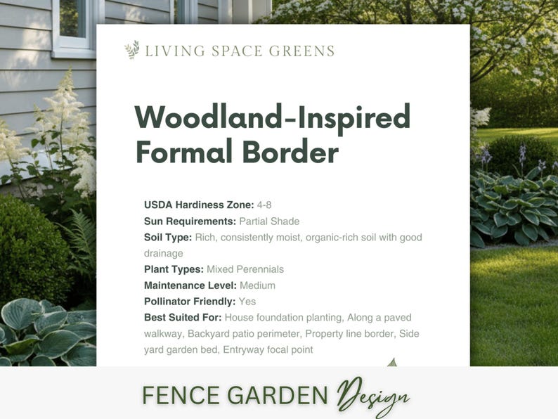 May include: A graphic for a woodland-inspired formal border design. The text includes "Living Space Greens", "Woodland-Inspired Formal Border", and details on USDA hardiness, sun requirements, soil type, plant types, maintenance level, and pollinator friendliness. The bottom text reads "Fence Garden Design".