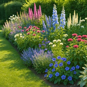 Op de afbeelding: Een levendige bloemborder met kleurrijke bloemen. Hoge, stekelige bloemen in roze, blauw en wit steken af tegen het groen. De tuin wordt begrensd door een netjes getrimd gazon, wat een pittoreske scène creëert.