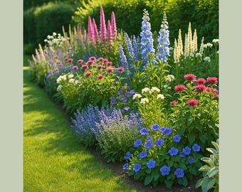 Diseño de jardín rústico / Plan de diseño paisajístico prediseñado: Borde de plantas perennes para jardín de polinizadores (Zonas 4-8) (Descarga en PDF)