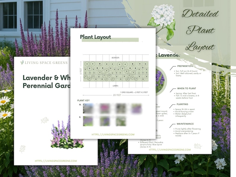 May include: A detailed plant layout guide for lavender and white perennial gardens. The guide includes a plant layout diagram, plant key, and information on preparation, planting, and maintenance. The image features a white house and lavender plants.