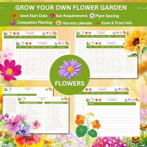 May include: Printable flower garden planner with sections for seed start date, sun requirements, plant spacing, companion planting, harvest calendar, zone and frost info, and notes. The planner features colorful illustrations of flowers.