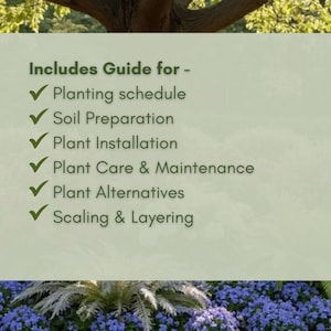 May include: A light green rectangular sign with the text "Includes Guide for -" followed by a list of topics: Planting schedule, Soil Preparation, Plant Installation, Plant Care & Maintenance, Plant Alternatives, and Scaling & Layering. The sign is set against a backdrop of a garden.
