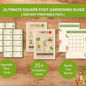 Guía de jardinería en pies cuadrados, Planificador de huertos elevados imprimible, Planificación de jardines, Siembra complementaria, Guía de siembra de semillas, Tarjetas de cuidado de plantas